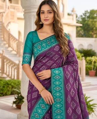 Wine color silk blend ikkat pattern woven work sarees 3