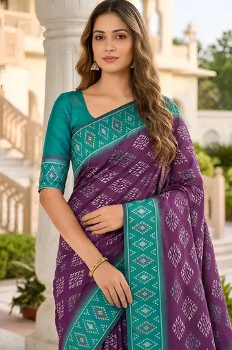 Wine color silk blend ikkat pattern woven work sarees