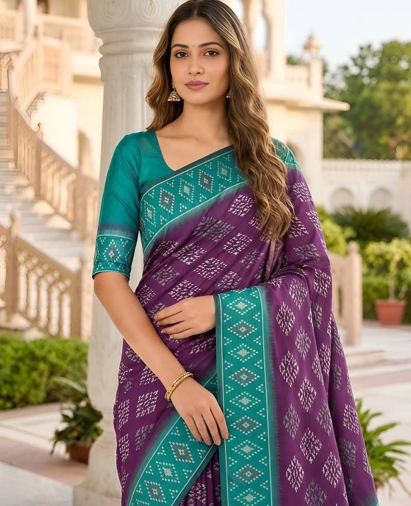 Wine color silk blend ikkat pattern woven work sarees