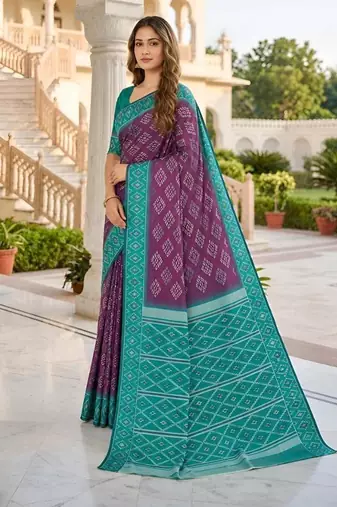 Wine color silk blend ikkat pattern woven work sarees