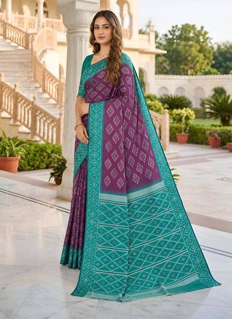 Wine color silk blend ikkat pattern woven work sarees
