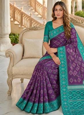 Wine color silk blend ikkat pattern woven work sarees 5