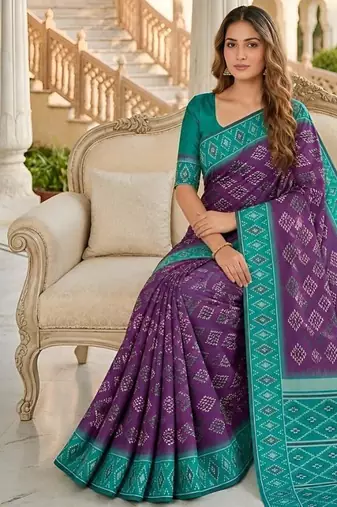 Wine color silk blend ikkat pattern woven work sarees