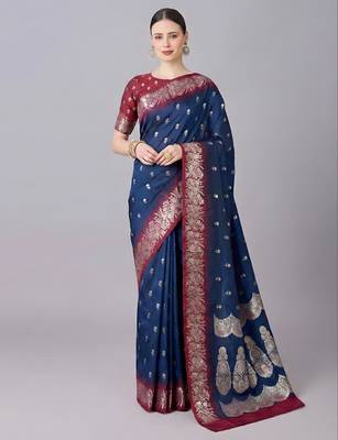 Blue color silk blend zaro woven work sarees 1
