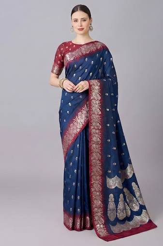 Blue color silk blend zaro woven work sarees