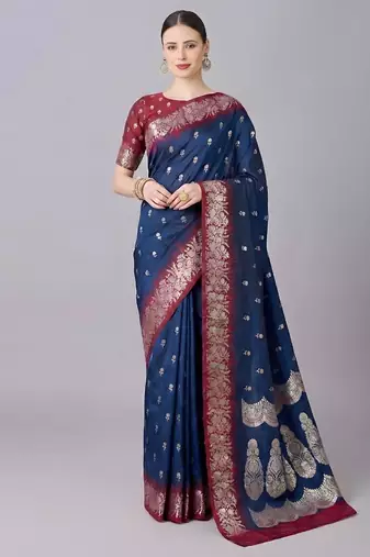 Blue color silk blend zaro woven work sarees