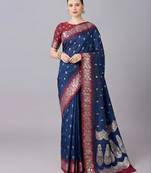 Blue color silk blend zaro woven work sarees