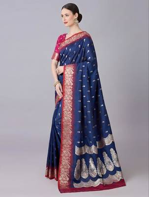 Blue color silk blend zaro woven work sarees 2