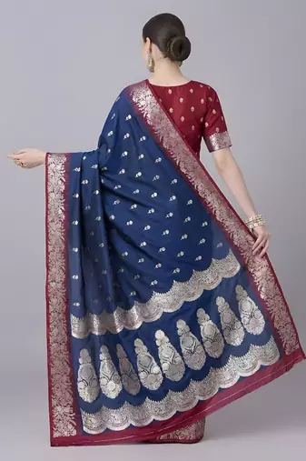Blue color silk blend zaro woven work sarees