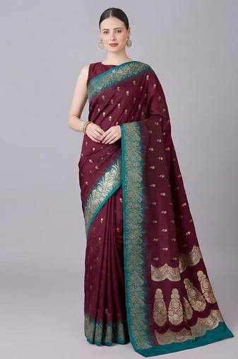 Magenta color silk blend zaro woven work sarees