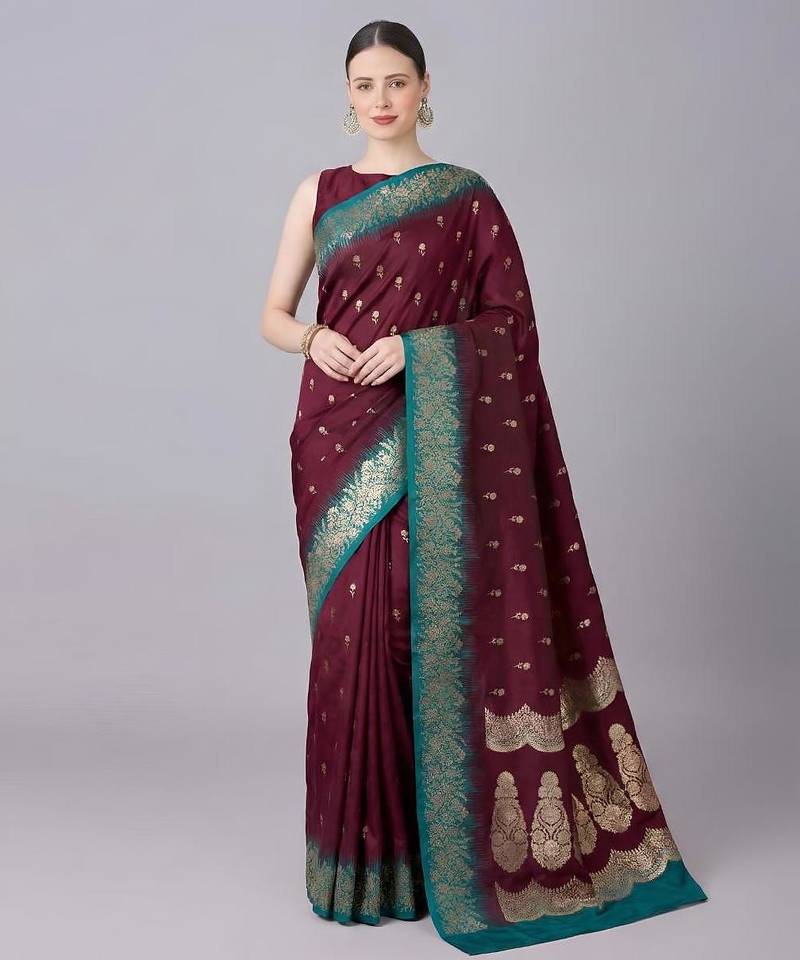 Magenta color silk blend zaro woven work sarees
