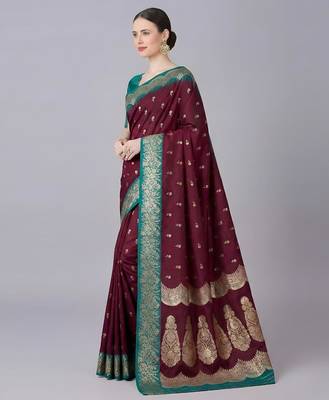 Magenta color silk blend zaro woven work sarees 2