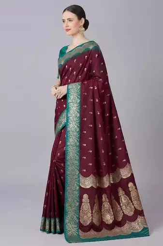 Magenta color silk blend zaro woven work sarees
