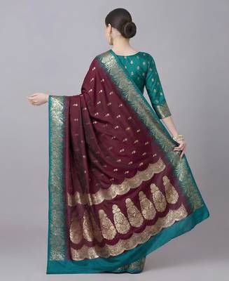 Magenta color silk blend zaro woven work sarees 3