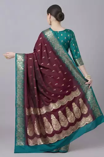 Magenta color silk blend zaro woven work sarees