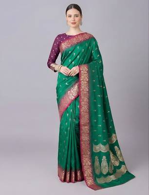 Green color silk blend zaro woven work sarees 1