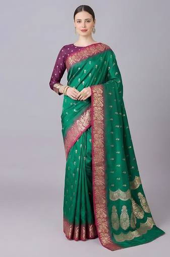 Green color silk blend zaro woven work sarees