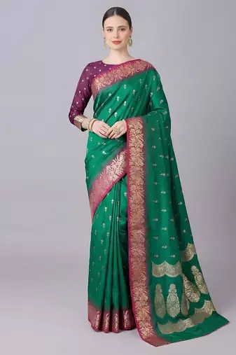 Green color silk blend zaro woven work sarees