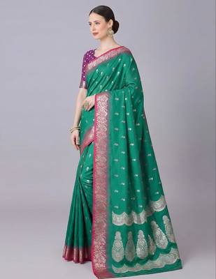 Green color silk blend zaro woven work sarees 2