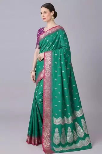 Green color silk blend zaro woven work sarees
