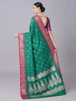 Green color silk blend zaro woven work sarees 3