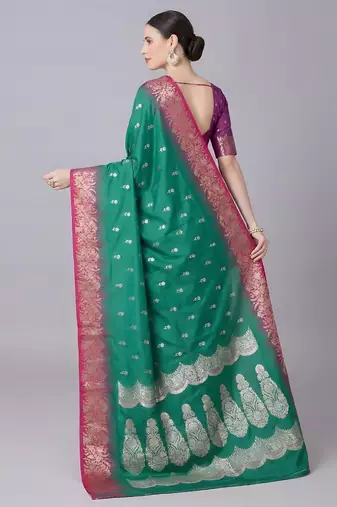 Green color silk blend zaro woven work sarees