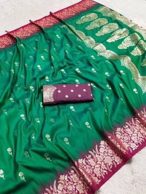 Green color silk blend zaro woven work sarees 4