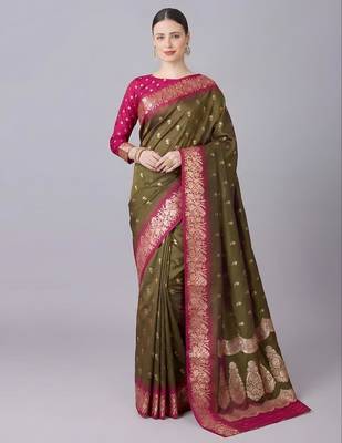 Mehendi color silk blend zaro woven work sarees 1