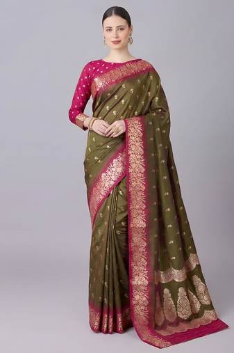 Mehendi color silk blend zaro woven work sarees