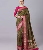 Mehendi color silk blend zaro woven work sarees