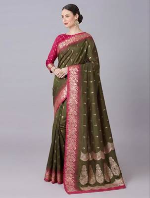 Mehendi color silk blend zaro woven work sarees 2