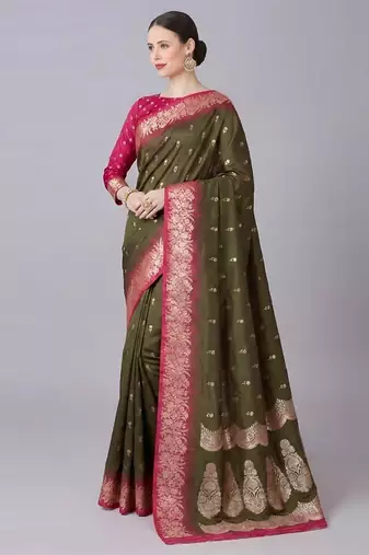 Mehendi color silk blend zaro woven work sarees