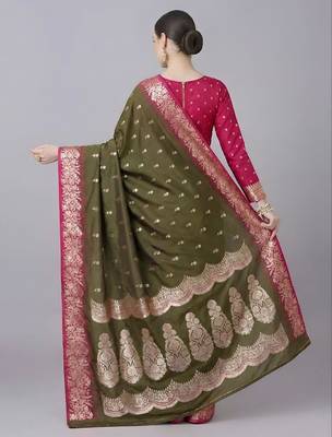 Mehendi color silk blend zaro woven work sarees 3