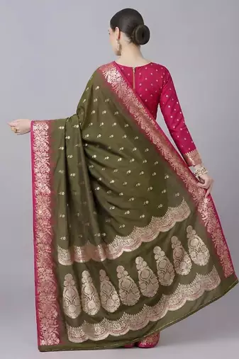 Mehendi color silk blend zaro woven work sarees
