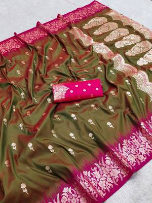 Mehendi color silk blend zaro woven work sarees 4