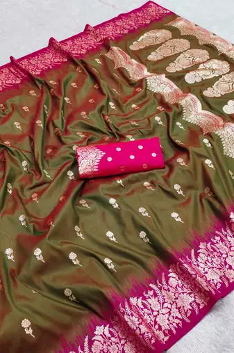 Mehendi color silk blend zaro woven work sarees
