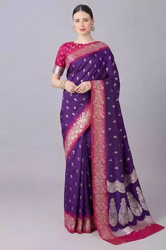 Purple color silk blend zaro woven work sarees