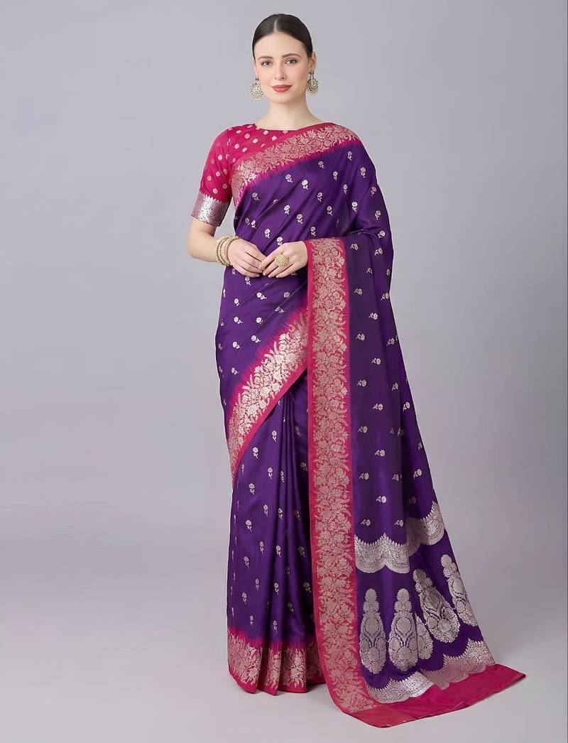 Purple color silk blend zaro woven work sarees