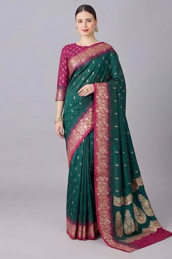 Rama color silk blend zaro woven work sarees