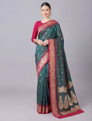 Teal color silk blend zaro woven work sarees 1