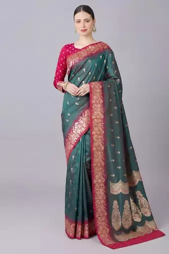 Teal color silk blend zaro woven work sarees