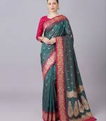 Teal color silk blend zaro woven work sarees