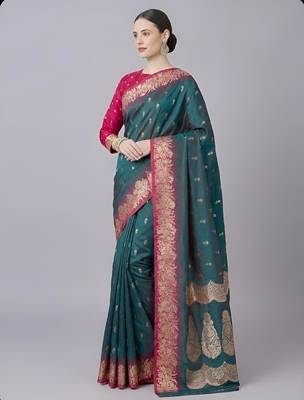Teal color silk blend zaro woven work sarees 2