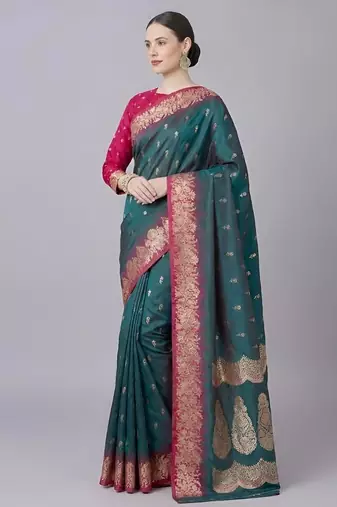 Teal color silk blend zaro woven work sarees