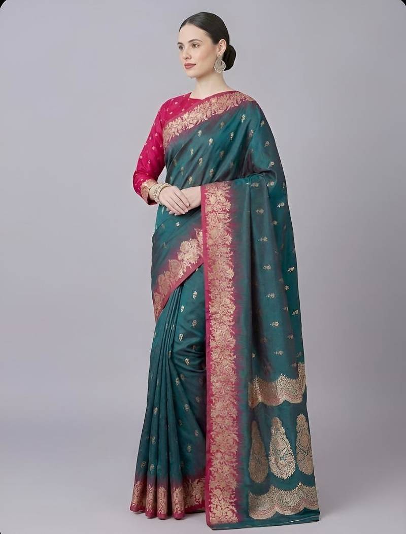 Teal color silk blend zaro woven work sarees