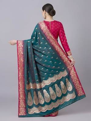 Teal color silk blend zaro woven work sarees 3