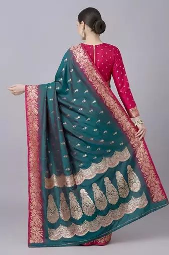 Teal color silk blend zaro woven work sarees
