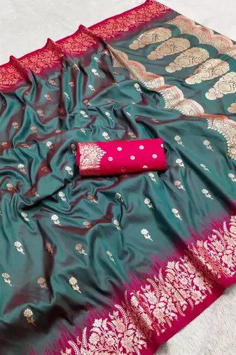 Teal color silk blend zaro woven work sarees