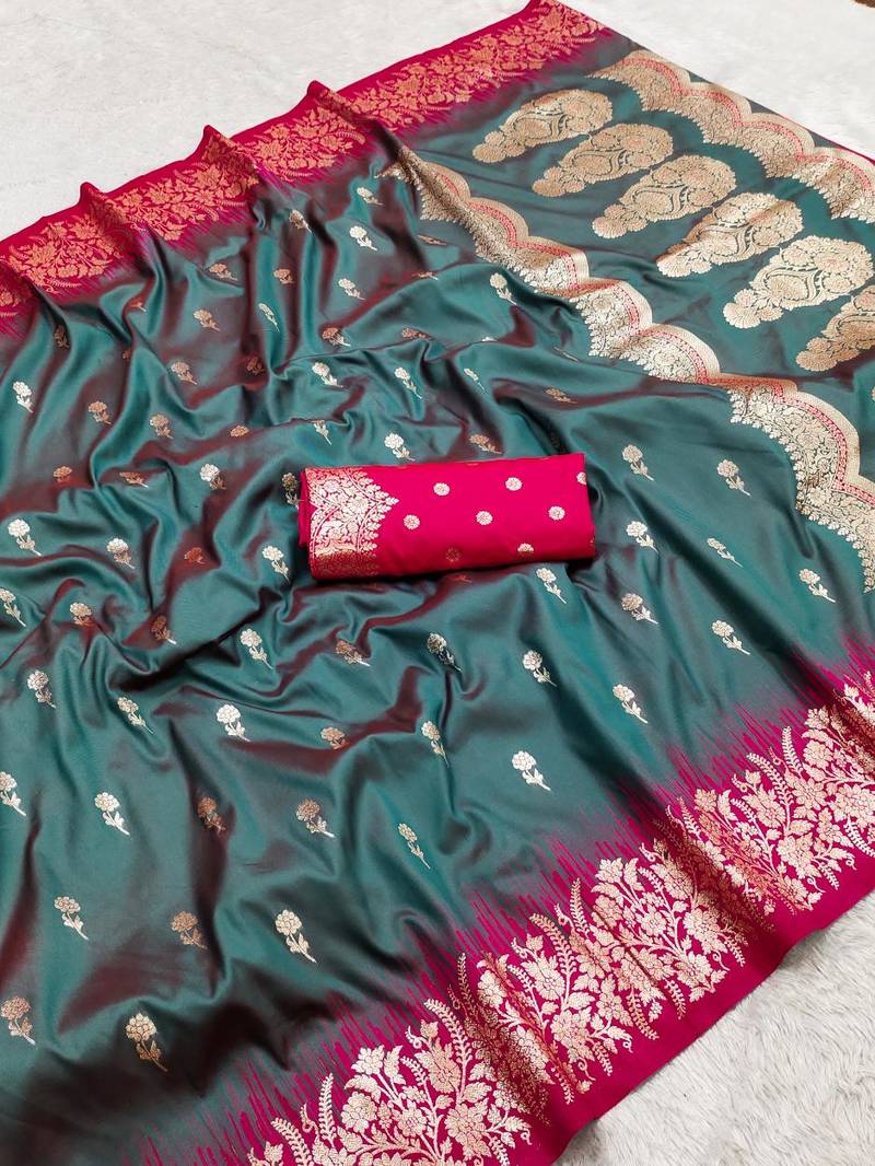 Teal color silk blend zaro woven work sarees
