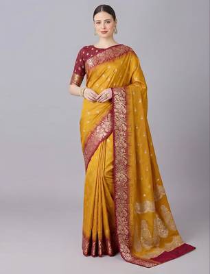 Yellow color silk blend zaro woven work sarees 1